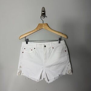 American Eagle Outfitters White Denim Cutoff Shorts with Embroidered Trim